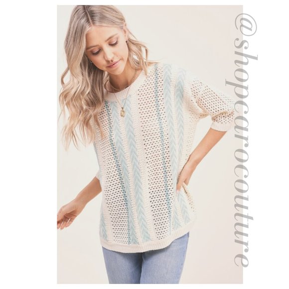 LA MIEL Sweaters - Short Sleeve Stripe Sweater - BLUE